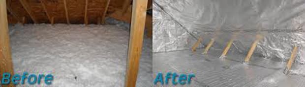 Before and after view of an attic roof deck, blown insulation on the left and a reflective foil radiant barrier stapled to the rafters on the right